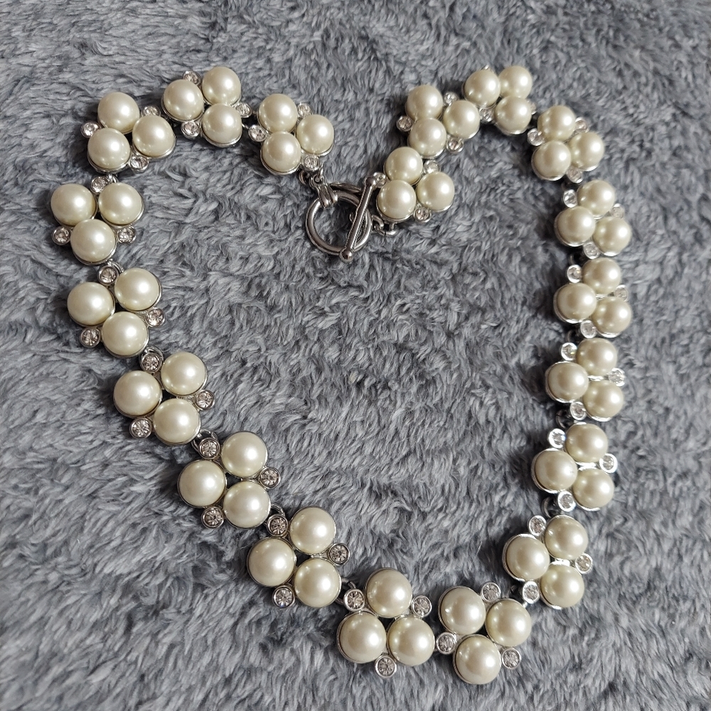 Ann Taylor Textured Silver/Faux Pearl Facted Beveled Crystal Cluster Necklace